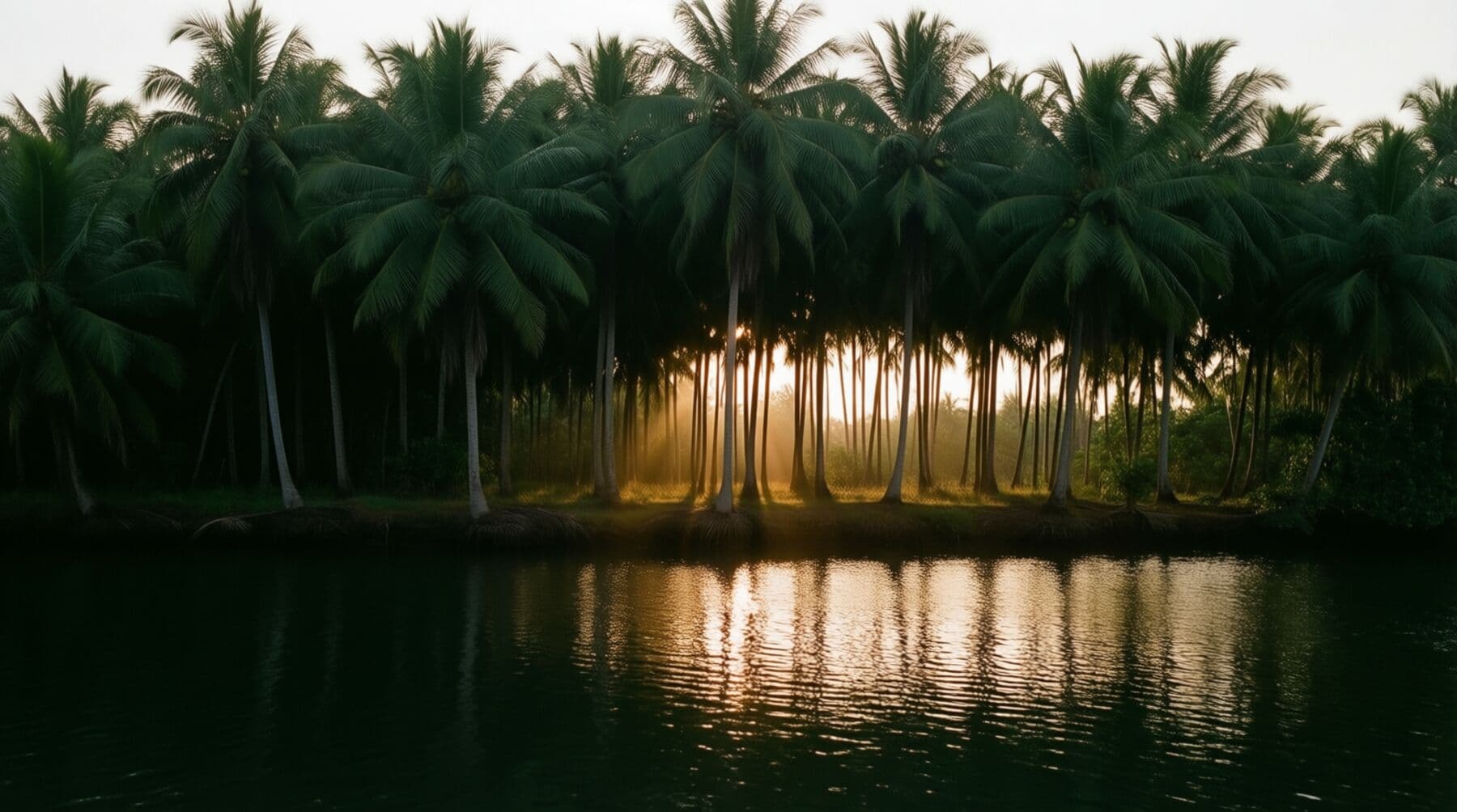 Rangée serrée de cocotiers au bord d’une eau calme, le soleil bas passant entre les troncs et se reflétant à la surface.
