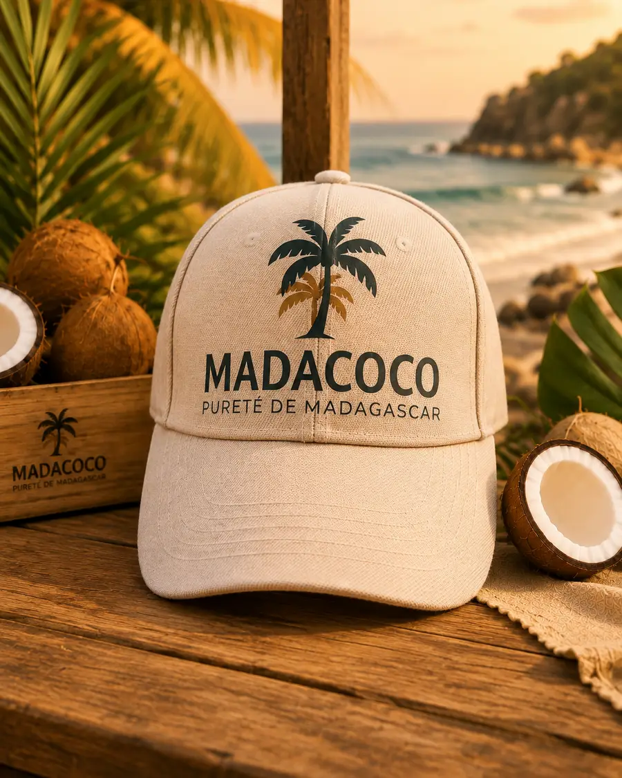 Casquette en toile écrue brodée du palmier Madacoco, posée sur une table en bois près de noix de coco au bord de l’eau.