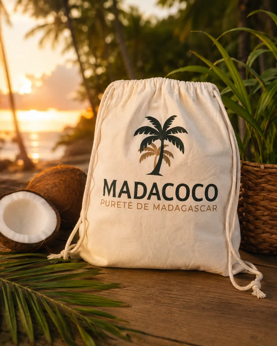 Sac en coton écru à cordon, marqué du palmier Madacoco, posé près de noix de coco au bord de l’eau.
