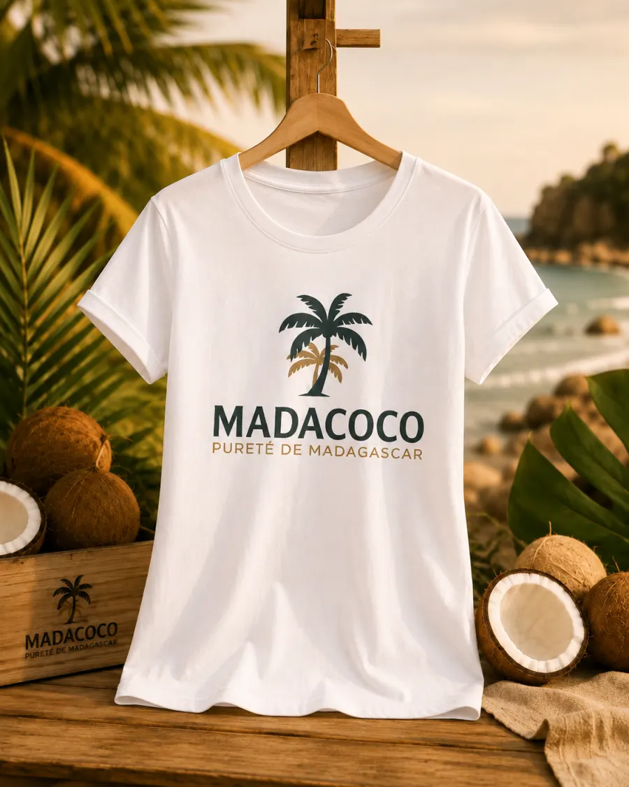 T-shirt blanc coupe femme sur un cintre en bois, marqué du palmier Madacoco.