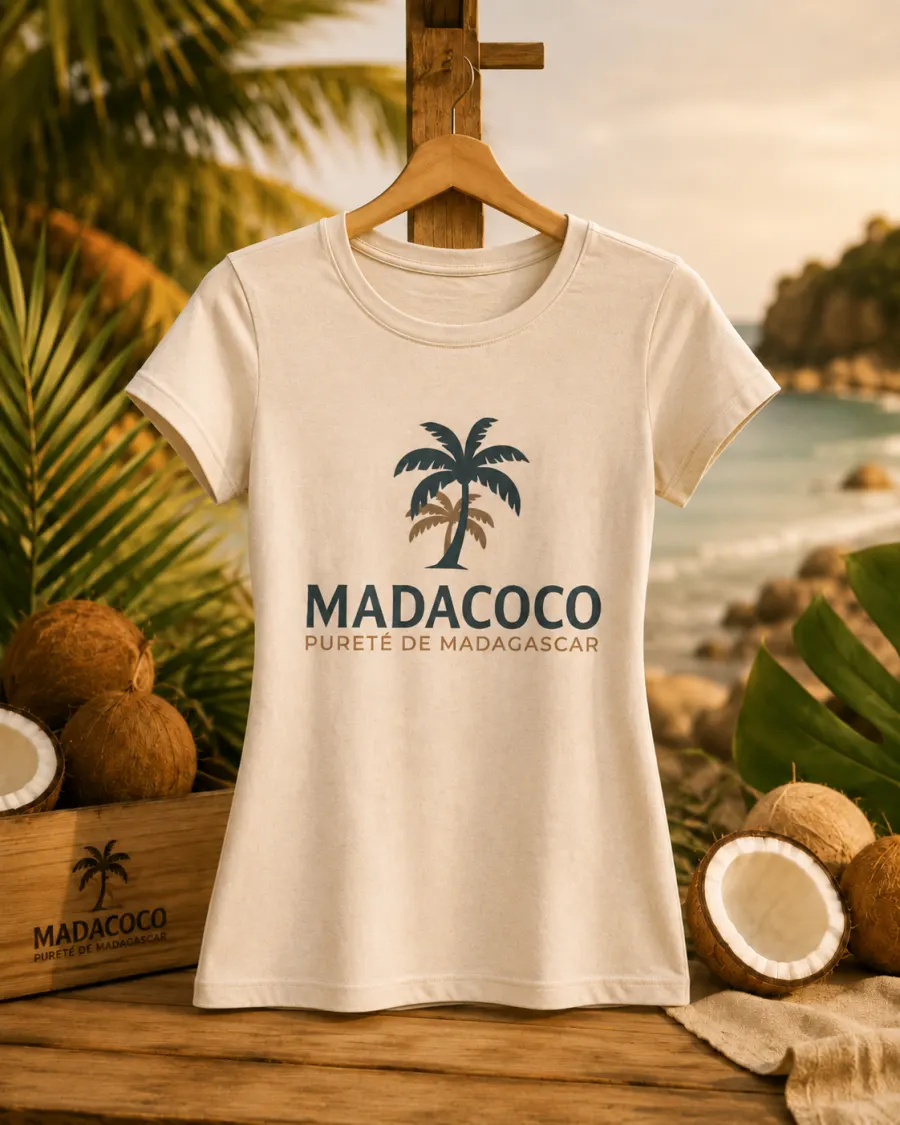T-shirt écru coupe femme sur un cintre en bois, marqué du palmier Madacoco.