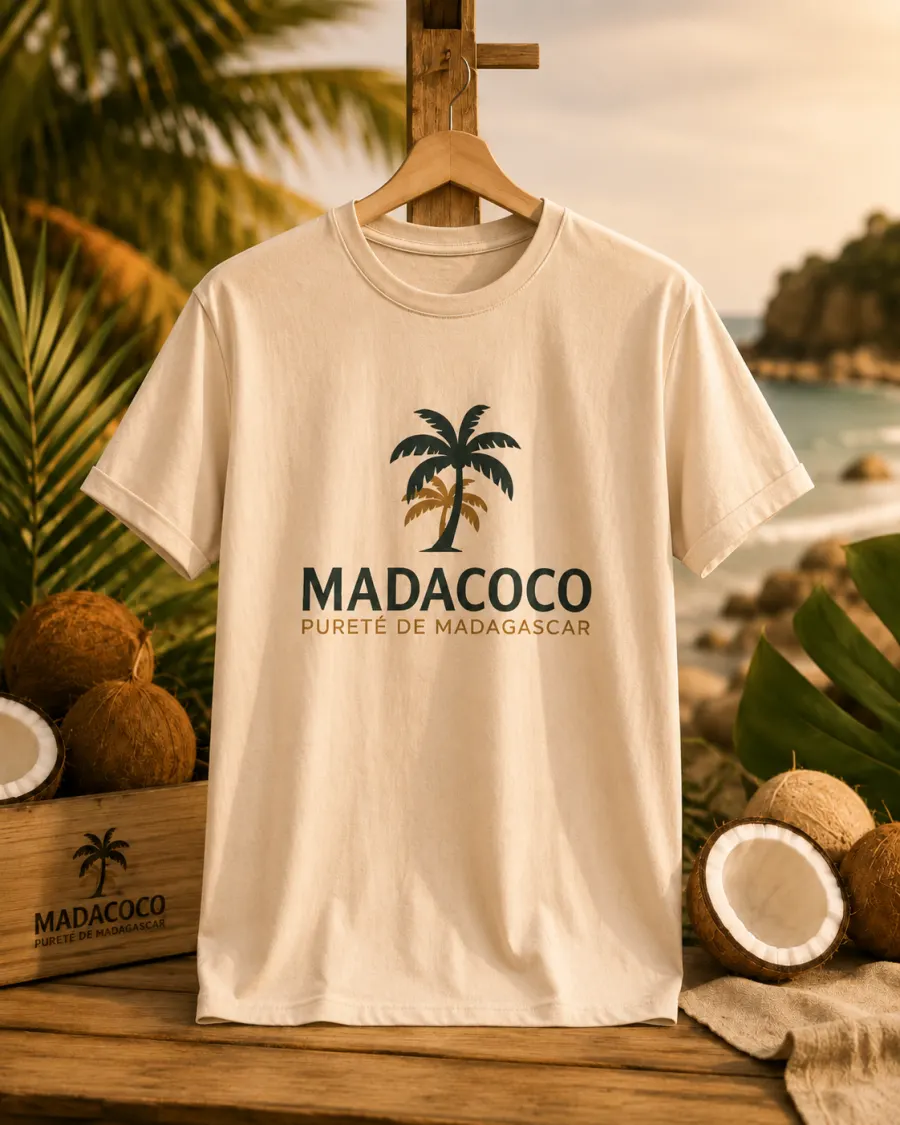 T-shirt écru coupe homme sur un cintre en bois, marqué du palmier Madacoco.