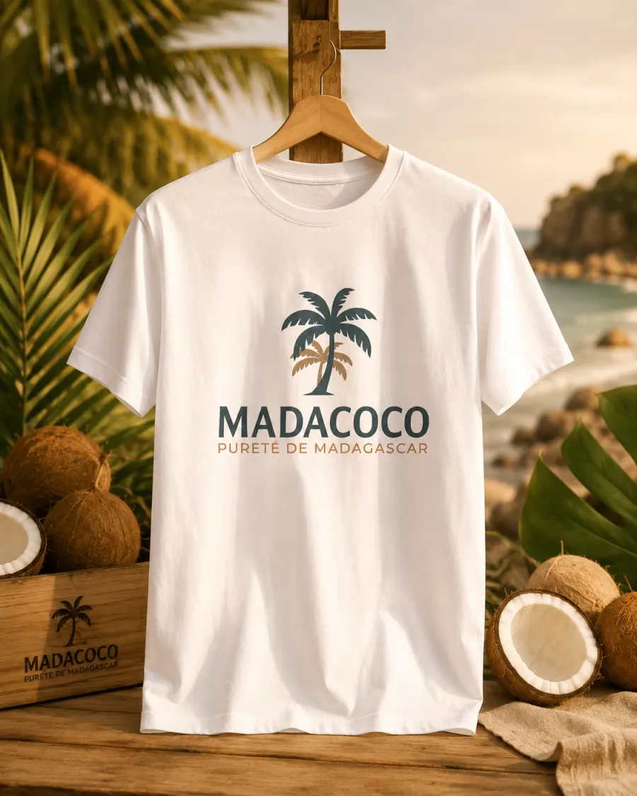 T-shirt blanc coupe homme sur un cintre en bois, marqué du palmier Madacoco.