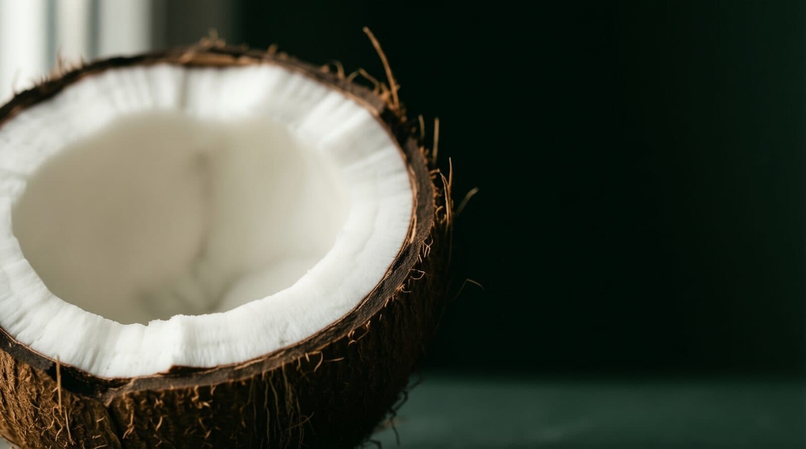 Gros plan sur la chair blanche d’une noix de coco fraîchement ouverte, sa bourre brune visible sur le bord.