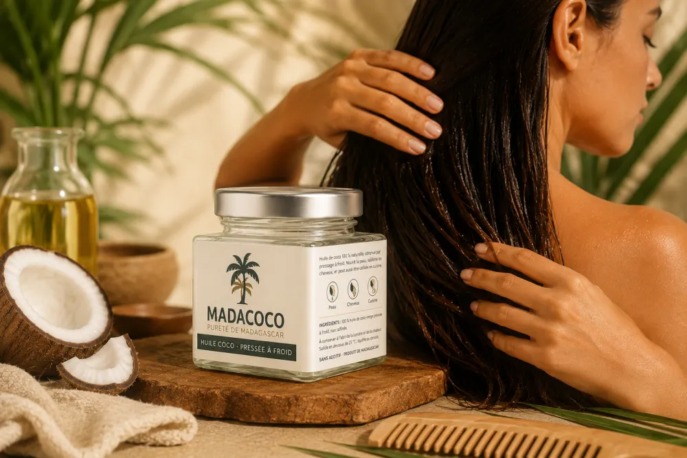 Bocal Madacoco posé sur une rondelle de bois près d’une demi-noix de coco et d’un peigne ; en arrière-plan, une femme passe l’huile dans ses cheveux humides.