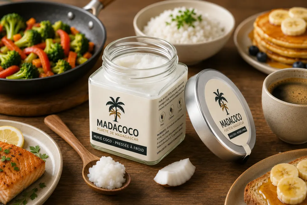 Bocal Madacoco ouvert, l’huile blanche et figée à l’intérieur, entouré d’une poêlée de légumes, d’un bol de riz, de pancakes, d’un pavé de saumon et d’une tartine à la banane.
