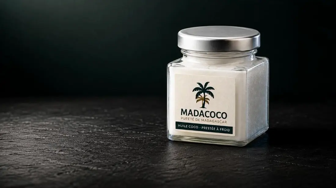 Bocal Madacoco posé sur une ardoise sombre, rempli d’huile de coco blanche et figée.